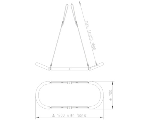 Technický nákres houpací sítě s rozměry