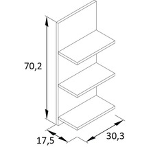 Nákres regálového systému se třemi policemi a rozměry