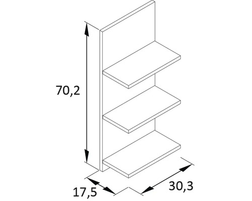 Nákres regálového systému se třemi policemi a rozměry
