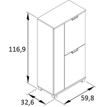 Technický nákres botníku o rozměrech 116,9 x 59,8 x 32,6 cm.