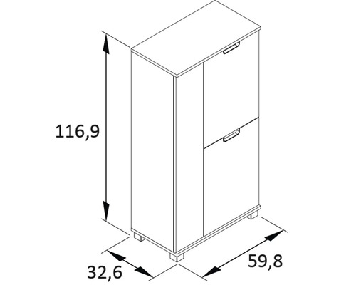 Technický nákres botníku o rozměrech 116,9 x 59,8 x 32,6 cm.