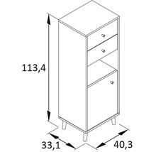 Technický výkres koupelnové skříňky se zásuvkami, dvířky a rozměry