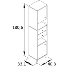 Technický výkres koupelnové skříňky se zásuvkami a policemi s rozměry
