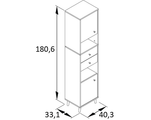 Technický výkres koupelnové skříňky se zásuvkami a policemi s rozměry