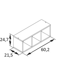 Technický nákres nástěnné police se třemi přihrádkami a rozměry