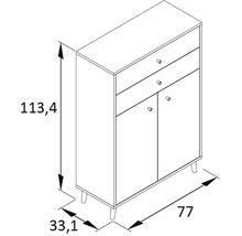 Nákres skříně se dvěma zásuvkami a dvěma dvířky a rozměry.