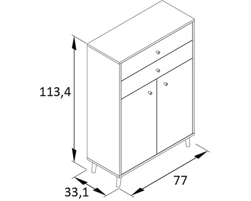 Nákres skříně se dvěma zásuvkami a dvěma dvířky a rozměry.