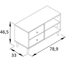 Nákres nízké skříňky se zásuvkami a policemi, rozměry: výška 46,5 cm, šířka 78,9 cm, hloubka 33 cm