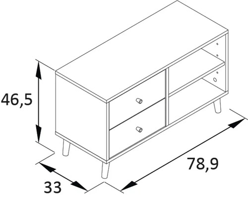 Nákres nízké skříňky se zásuvkami a policemi, rozměry: výška 46,5 cm, šířka 78,9 cm, hloubka 33 cm