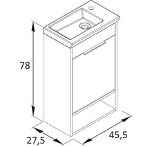 Skříňka pod umyvadlo o rozměrech 78 x 45,5 x 27,5 centimetrů jako schematické znázornění