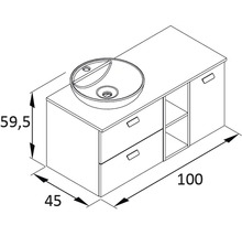 Nákres skříňky pod umyvadlo s umyvadlem a rozměry 100 x 45 x 59,5 centimetrů