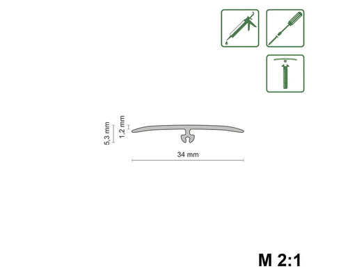 Nákres přechodového profilu o šířce 34 mm s rozměry a symboly nástrojů