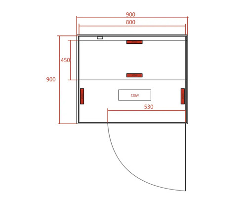 Diagram vyhřívací kabiny s rozměry a umístěním topných těles.