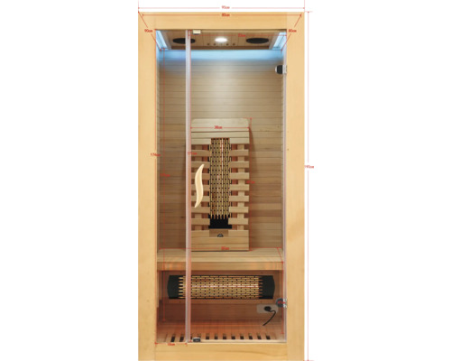 Vnitřní pohled na saunu s dřevěným obložením, lavicí a infračerveným zářičem s rozměry