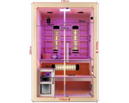 Vnitřní pohled na infračervenou saunu s rozměry