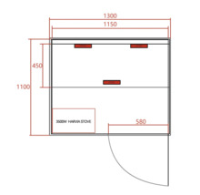 Schéma sauny s rozměry a umístěním kamen.