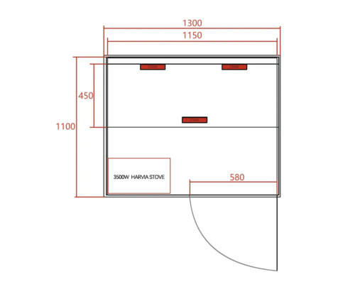 Schéma sauny s rozměry a umístěním kamen.