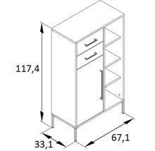 Skříň se dvěma zásuvkami, jedněmi dvířky a otevřenými policemi, rozměry 117,4 x 67,1 x 33,1 cm