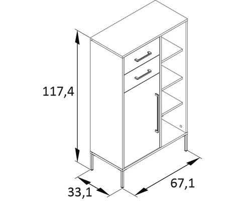 Skříň se dvěma zásuvkami, jedněmi dvířky a otevřenými policemi, rozměry 117,4 x 67,1 x 33,1 cm