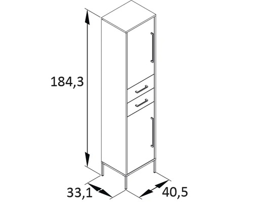 Technický nákres vysoké koupelnové skříňky s rozměry