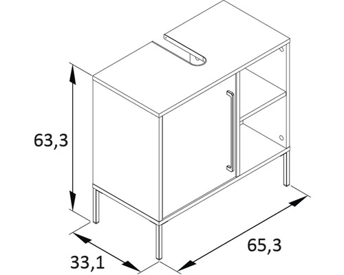 Výkres skříňky pod umyvadlo o rozměrech 63,3 x 33,1 x 65,3 centimetrů.