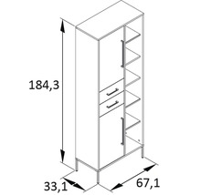 Technický nákres skříně s rozměry 184,3 cm výška, 67,1 cm šířka a 33,1 cm hloubka.