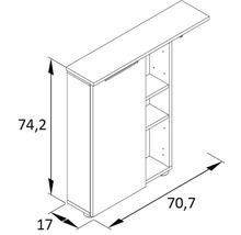 Nákres kuchyňské skříňky o rozměrech 74,2 x 70,7 x 17 cm