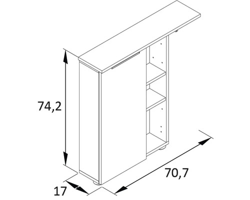 Nákres kuchyňské skříňky o rozměrech 74,2 x 70,7 x 17 cm