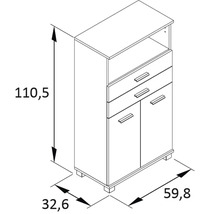 Technický výkres skříně se zásuvkami a dvířky a rozměry
