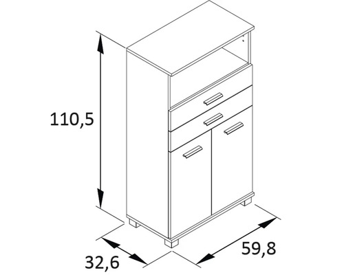 Technický výkres skříně se zásuvkami a dvířky a rozměry
