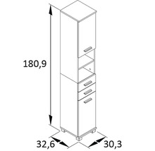 Technický nákres koupelnové vysoké skříně o rozměrech 180,9 cm výška, 32,6 cm šířka a 30,3 cm hloubka.
