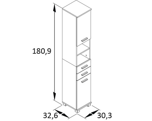 Technický nákres koupelnové vysoké skříně o rozměrech 180,9 cm výška, 32,6 cm šířka a 30,3 cm hloubka.