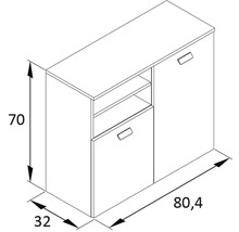 Technický výkres příborníku o rozměrech 70 x 80,4 x 32 cm.