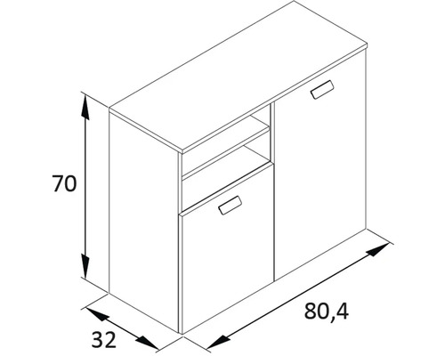 Technický výkres příborníku o rozměrech 70 x 80,4 x 32 cm.
