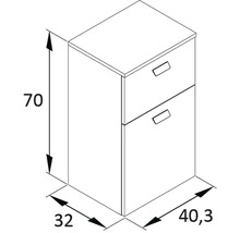 Technický nákres spodní skříňky se dvěma zásuvkami a rozměry 70 x 32 x 40,3 cm.