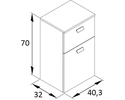 Technický nákres spodní skříňky se dvěma zásuvkami a rozměry 70 x 32 x 40,3 cm.