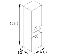 Technický nákres koupelníkové vysoké skříně s rozměry 138,3 x 32 x 40,3 centimetrů.