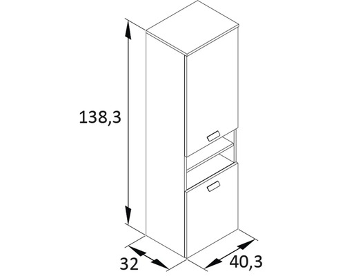 Technický nákres koupelníkové vysoké skříně s rozměry 138,3 x 32 x 40,3 centimetrů.