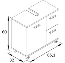 Nákres spodní skříňky se zásuvkami a kolečky, rozměry 60 x 65,1 x 32 cm