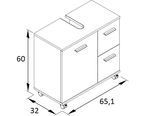 Nákres spodní skříňky se zásuvkami a kolečky, rozměry 60 x 65,1 x 32 cm