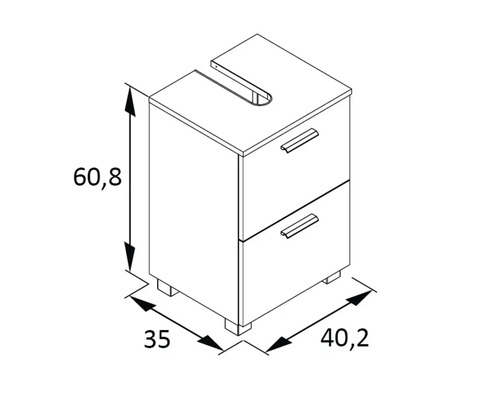 Nákres skříňky pod umyvadlo s rozměry.