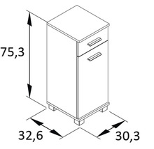Technický nákres spodní skříňky se zásuvkami o rozměrech 75,3 x 32,6 x 30,3 cm.