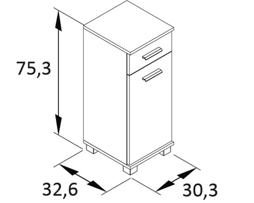Technický nákres spodní skříňky se zásuvkami o rozměrech 75,3 x 32,6 x 30,3 cm.