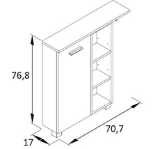 Technický výkres skříně o rozměrech 76,8 x 70,7 x 17 cm