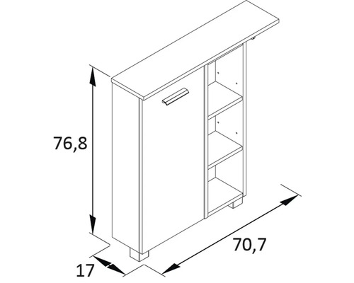 Technický výkres skříně o rozměrech 76,8 x 70,7 x 17 cm