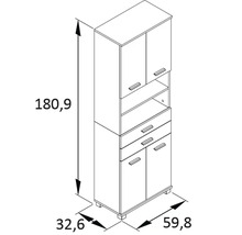 Technický výkres vysoké skříně se zásuvkami a policemi, rozměry 180,9 x 59,8 x 32,6 cm