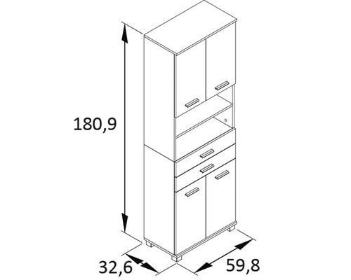 Technický výkres vysoké skříně se zásuvkami a policemi, rozměry 180,9 x 59,8 x 32,6 cm