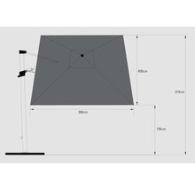 Rozměry slunečníku: plocha stínidla 400 cm x 300 cm, výška 314 cm, výška patky 136 cm.