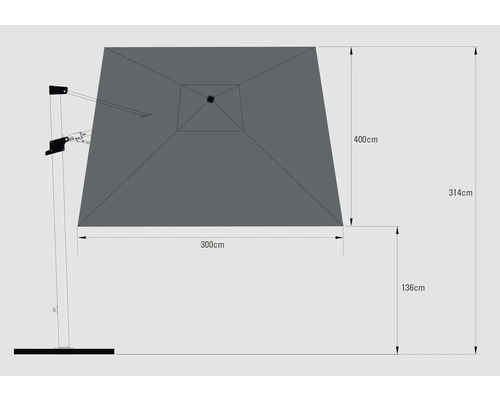 Rozměry slunečníku: plocha stínidla 400 cm x 300 cm, výška 314 cm, výška patky 136 cm.