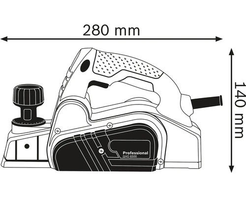 Nákres hoblíku s rozměry 280 mm délka a 140 mm výška
